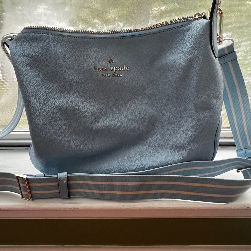 kate spade Light Blue Leather Crossbody with Striped Strap